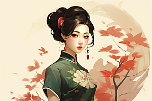 旗袍美女手绘中国风插画