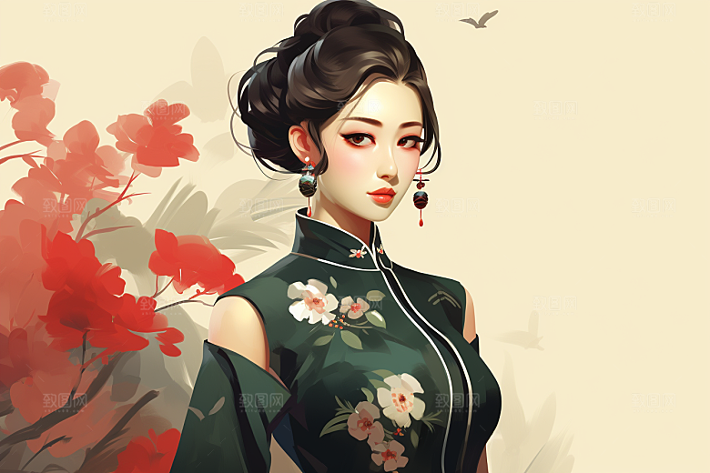 旗袍美女艺术中式美女插画