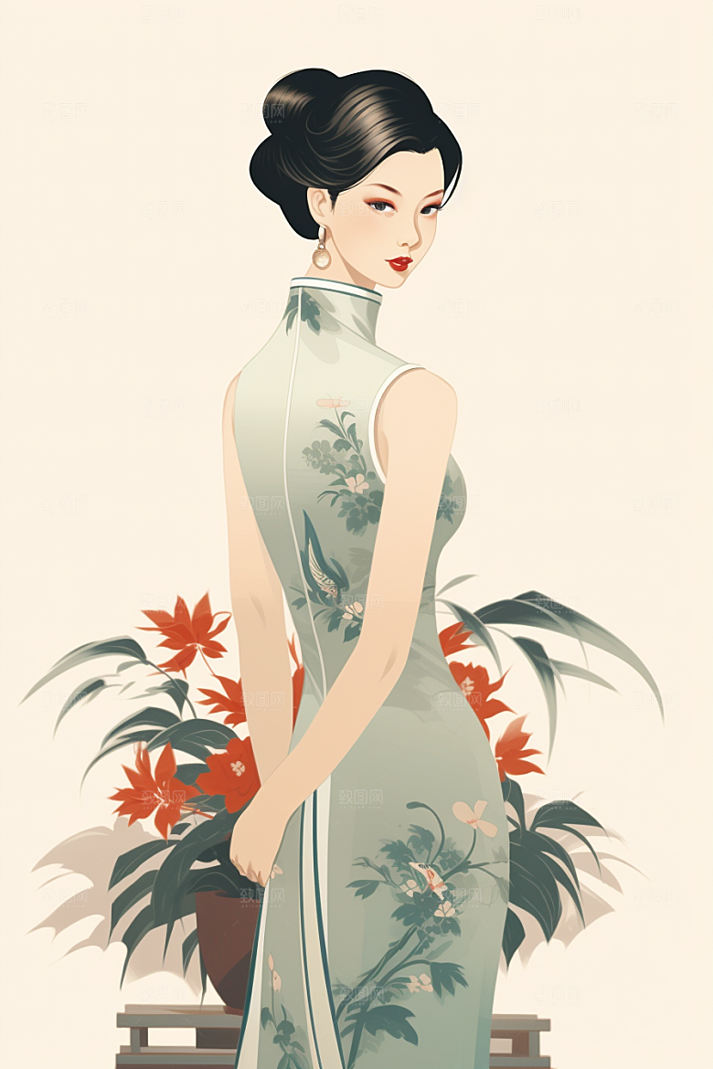 旗袍美女手绘优雅插画
