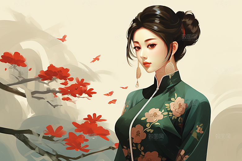 旗袍美女优雅中国风插画