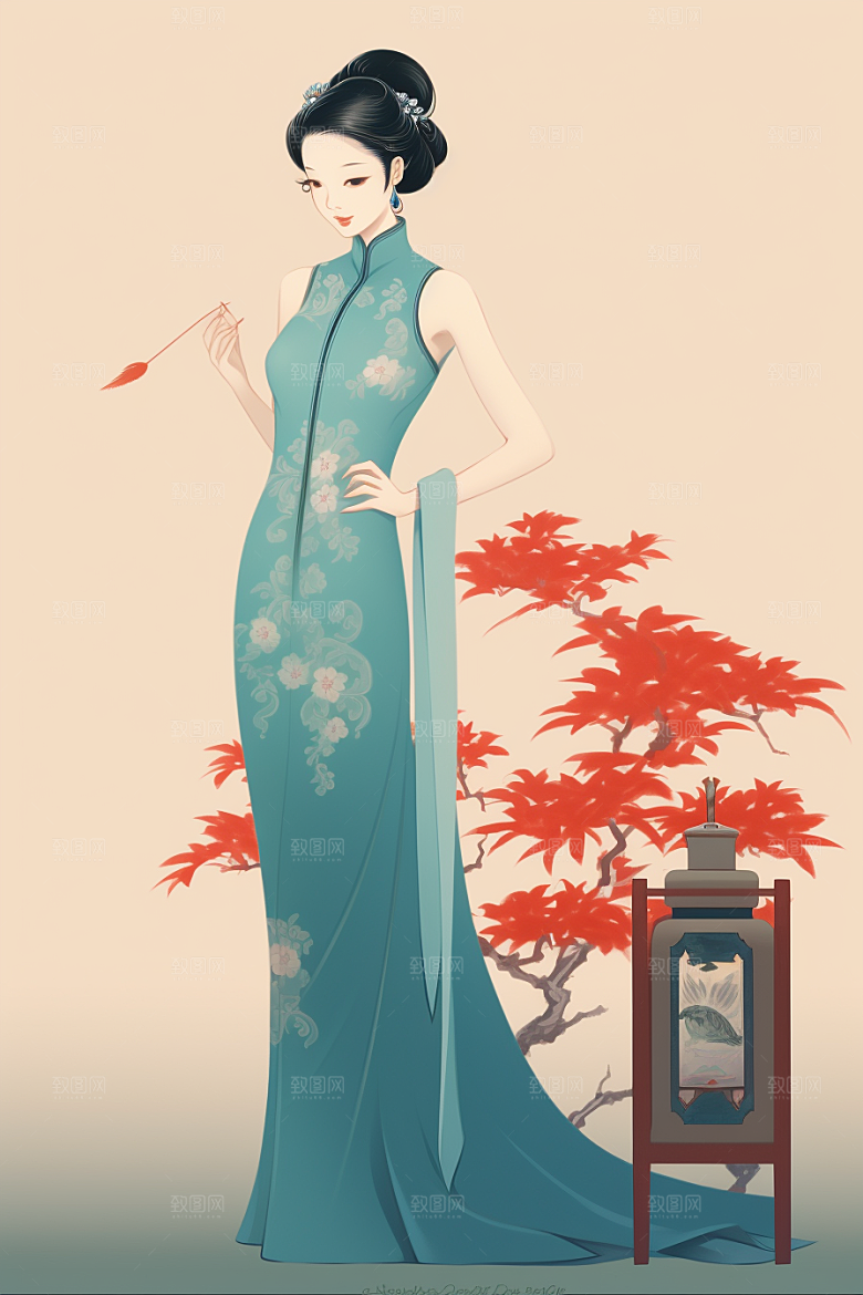 旗袍美女典雅优雅插画