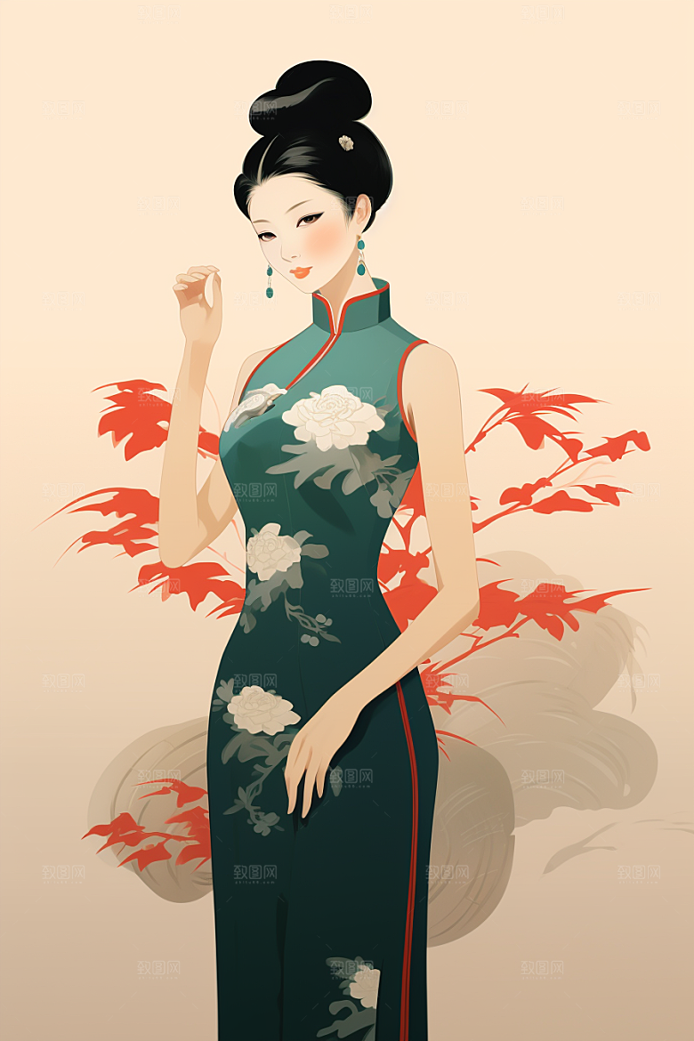 旗袍美女艺术优雅插画