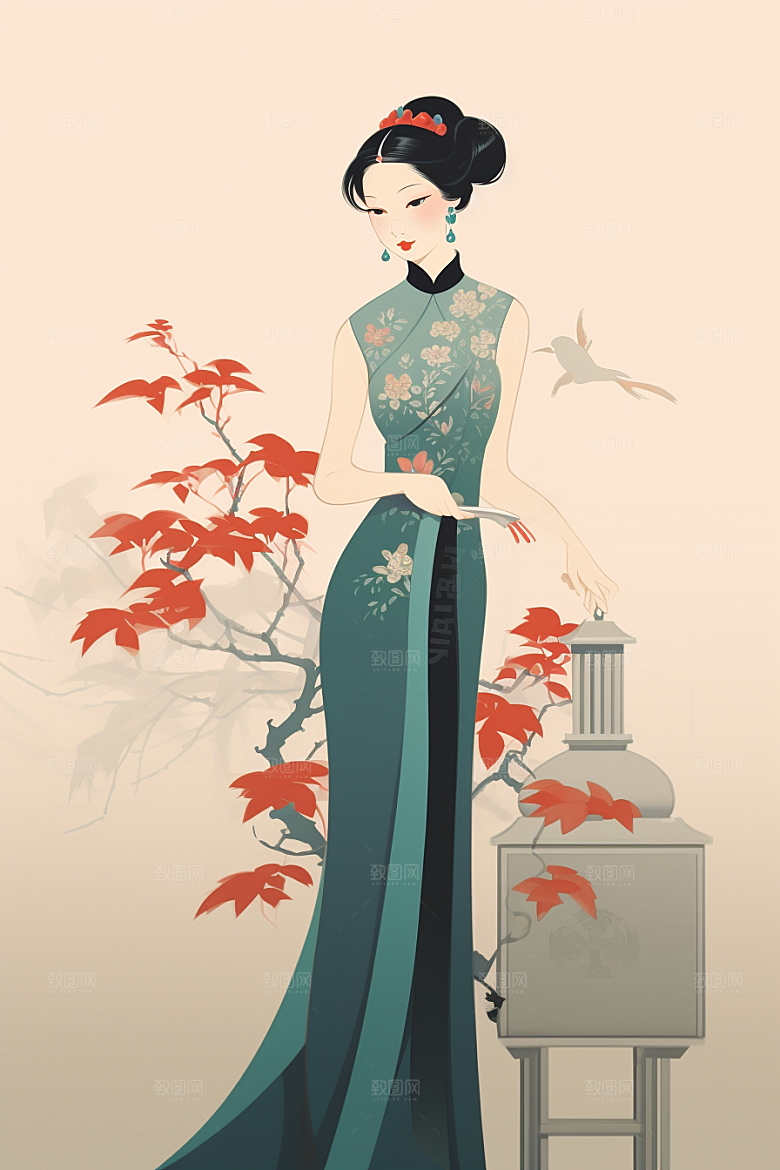 旗袍美女典雅手绘插画
