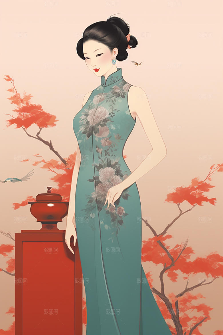 旗袍美女优雅艺术插画