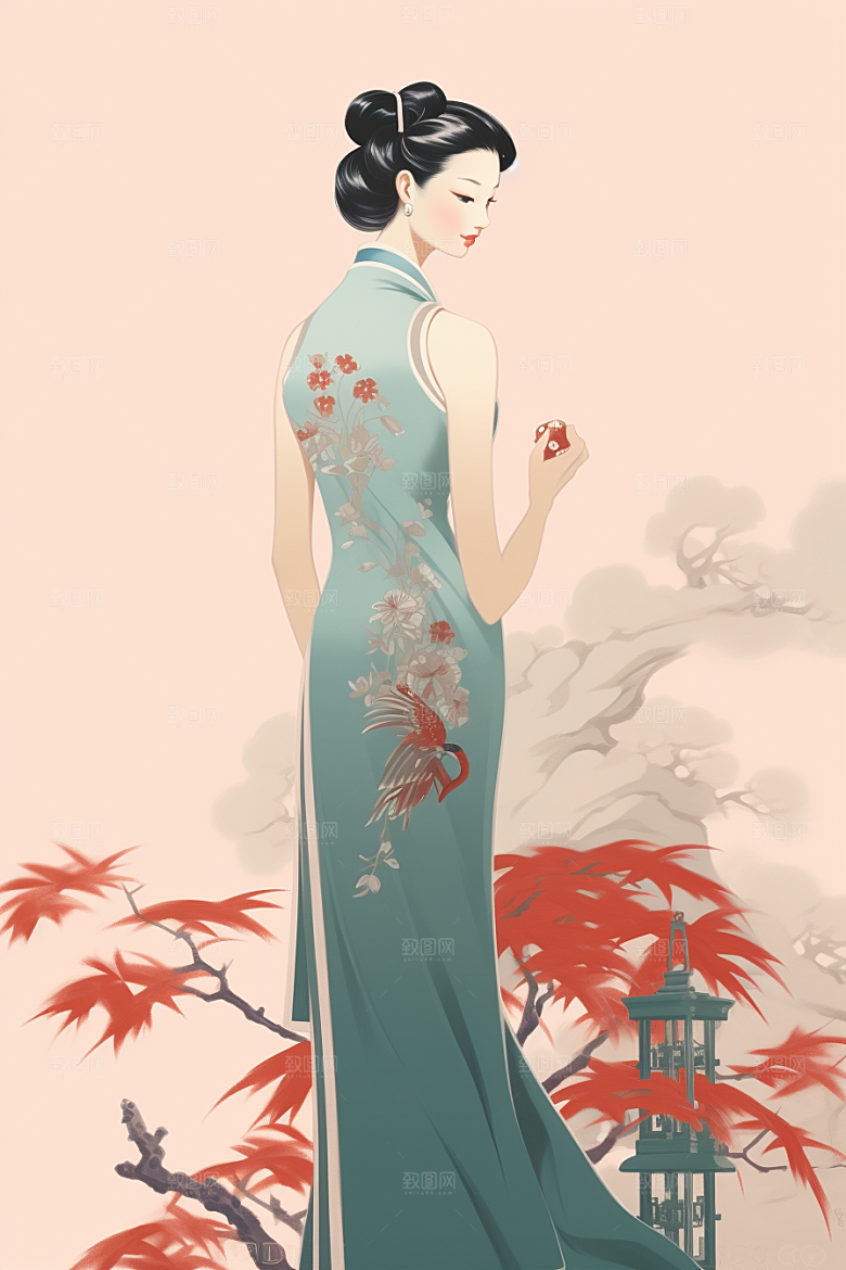 旗袍美女水墨艺术插画