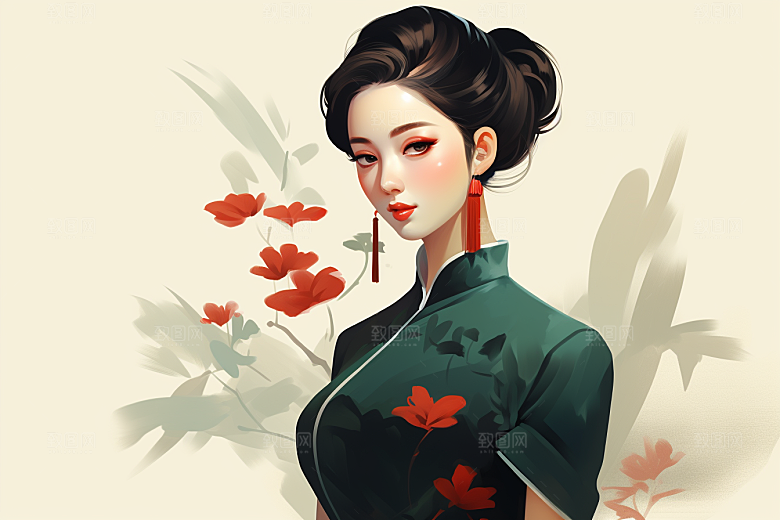 旗袍美女优雅中式美女插画