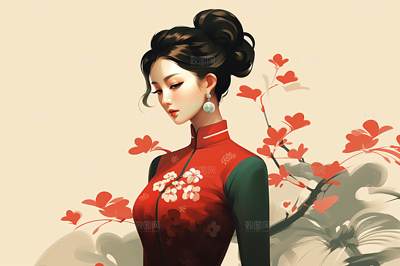 旗袍美女高贵中式美女插画