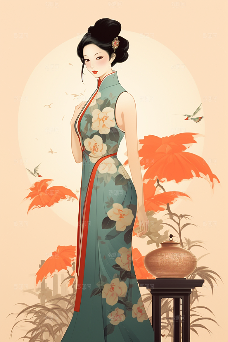 旗袍美女水墨中式美女插画