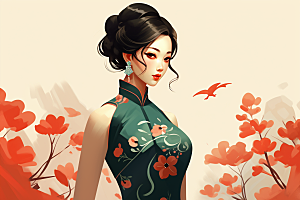 旗袍美女优雅中式美女插画