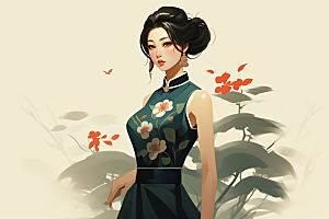 旗袍美女传统中国风插画