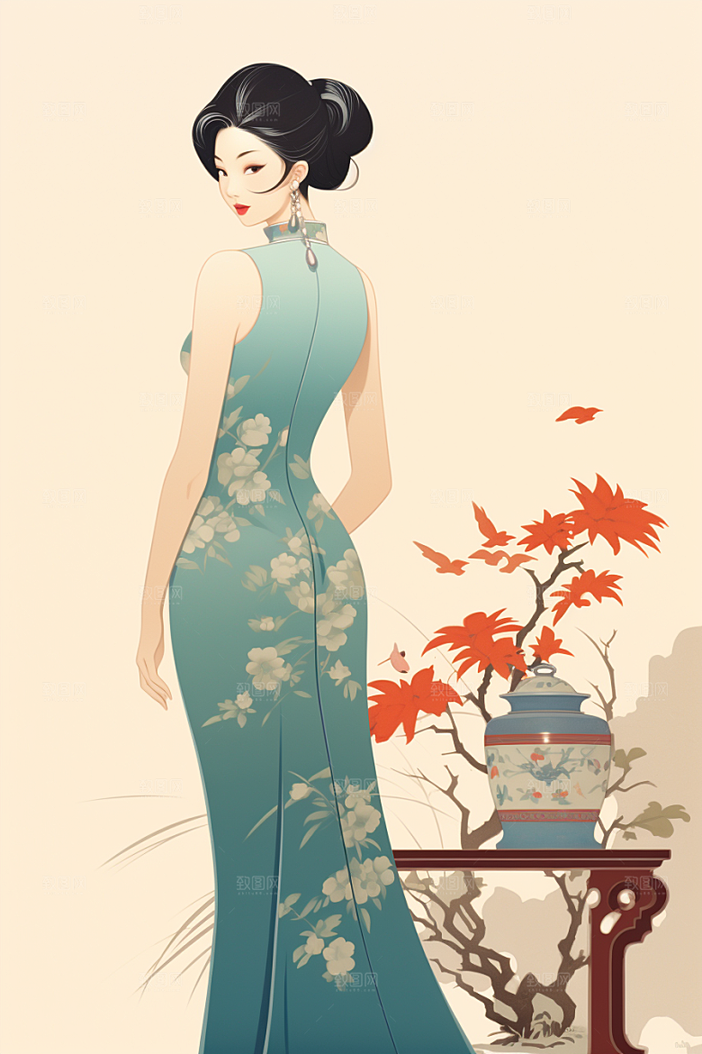 旗袍美女高贵优雅插画