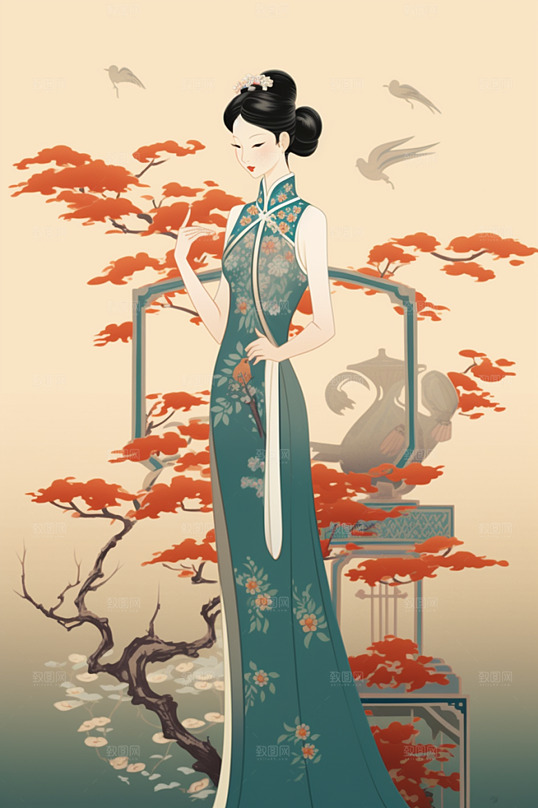 旗袍美女典雅高贵插画
