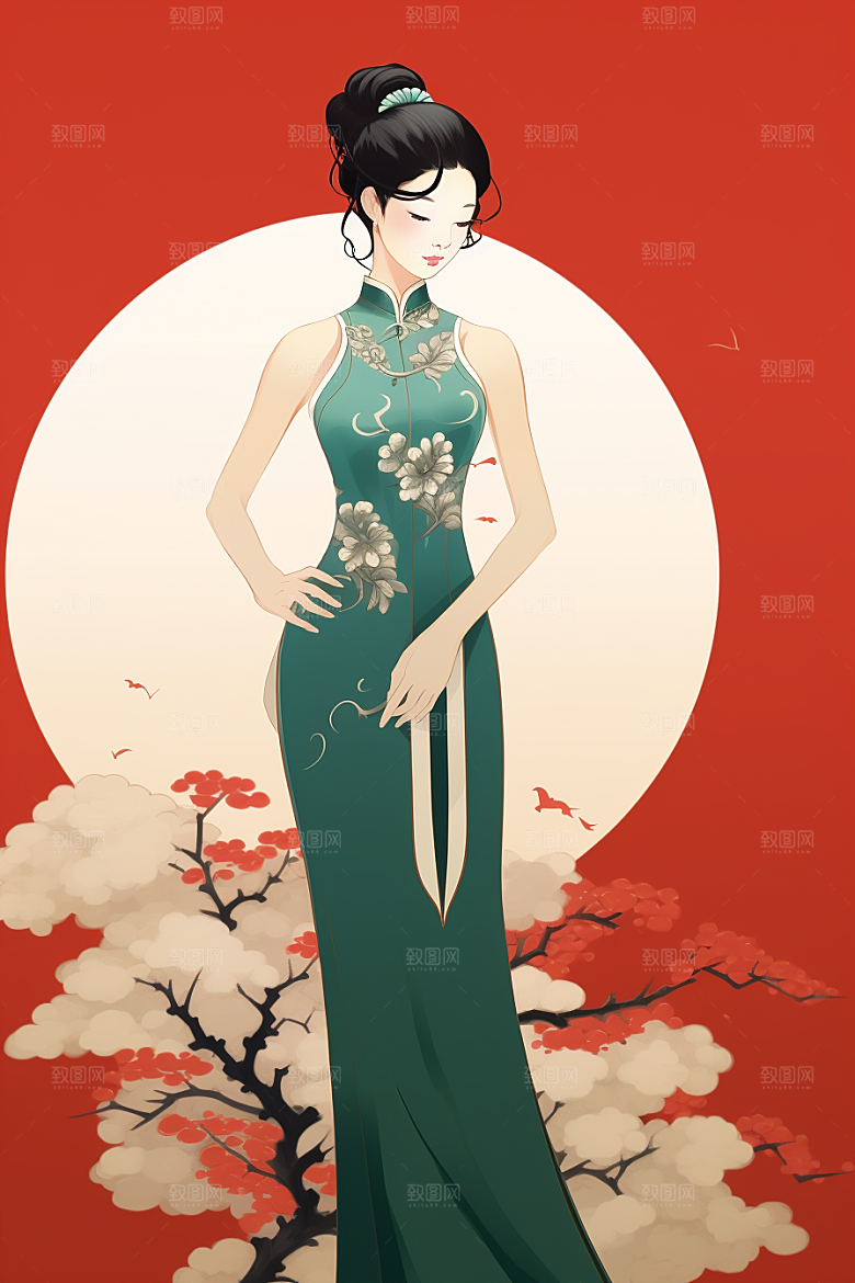旗袍美女中式美女传统插画