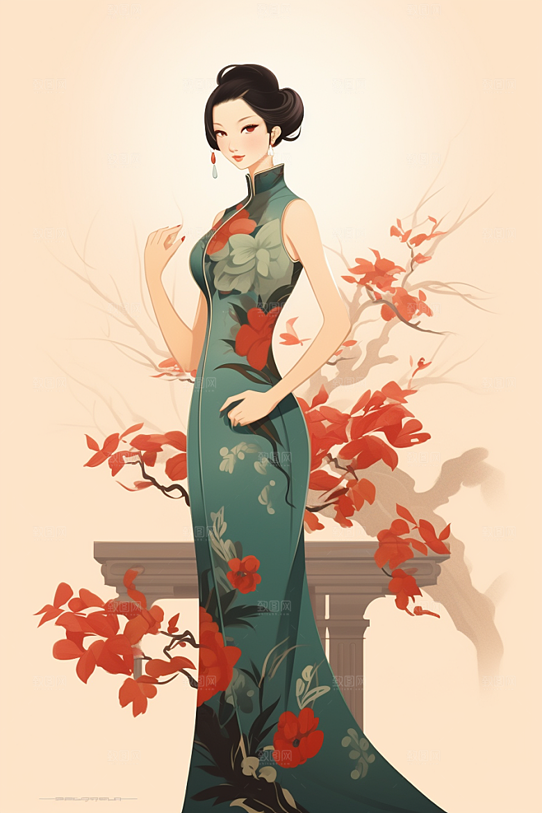 旗袍美女中国风传统插画