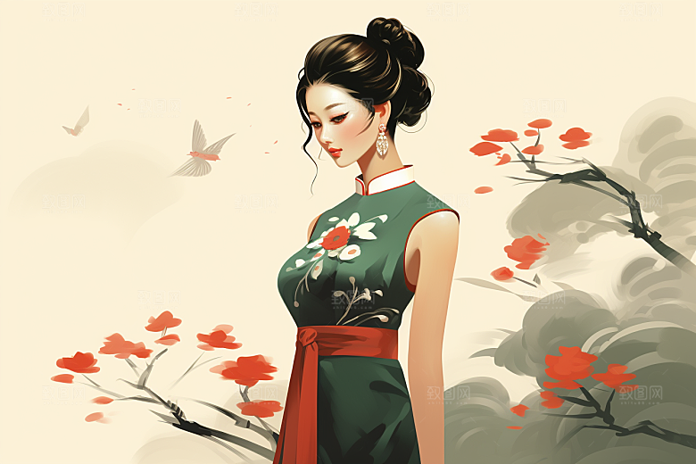 旗袍美女手绘典雅插画
