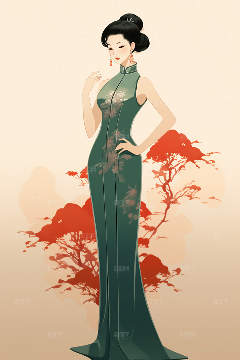 旗袍美女手绘高贵插画