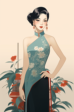 旗袍美女艺术中式美女插画