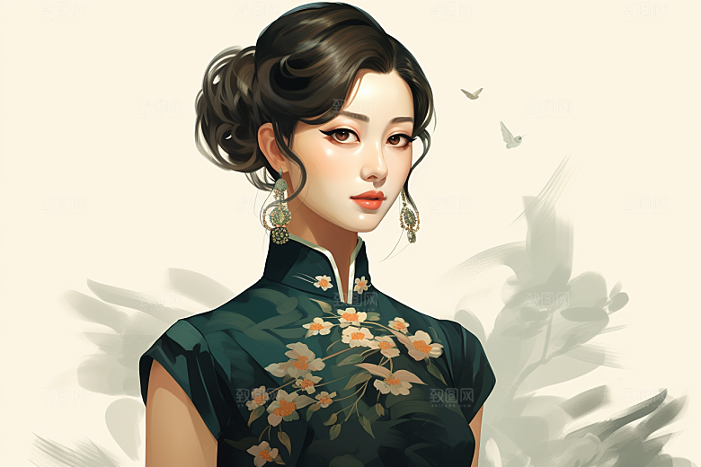 旗袍美女优雅手绘插画
