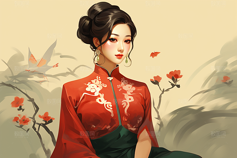 旗袍美女典雅中式美女插画