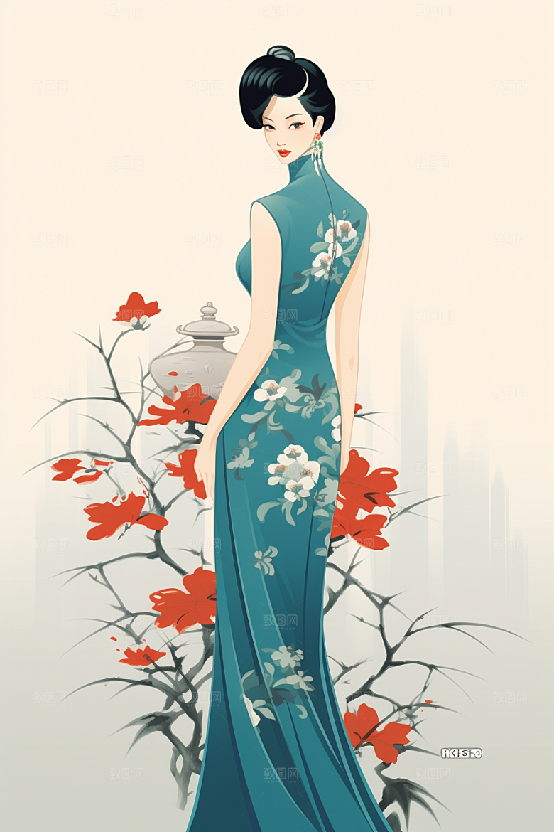 旗袍美女中国风传统插画