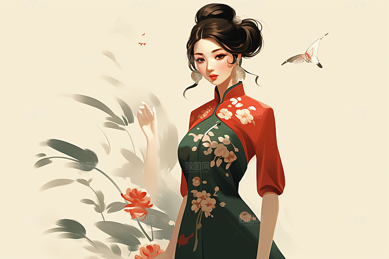 旗袍美女中国风水墨插画