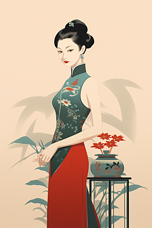 旗袍美女传统新中式插画
