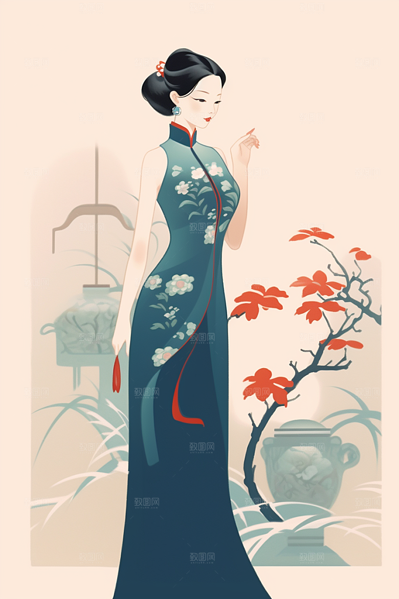 旗袍美女典雅水墨插画