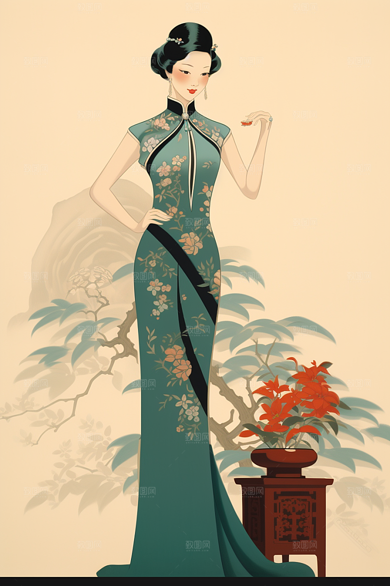 旗袍美女水墨优雅插画
