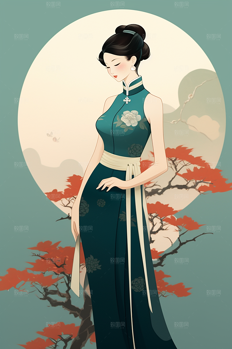 旗袍美女优雅水墨插画