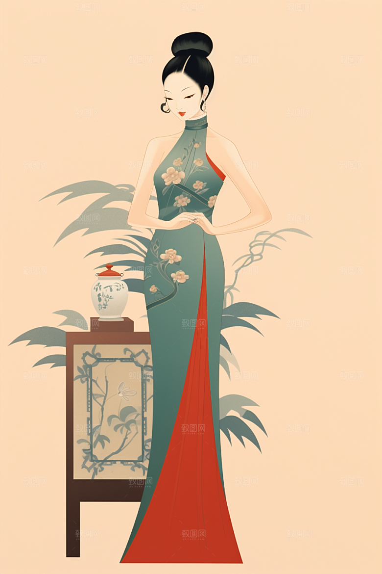 旗袍美女艺术优雅插画