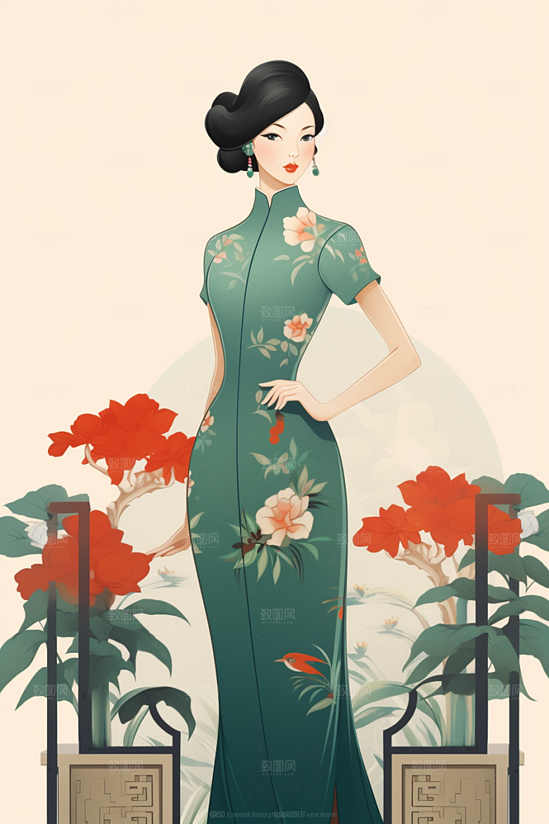旗袍美女中式美女艺术插画