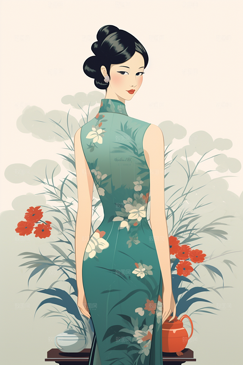 旗袍美女水墨中式美女插画