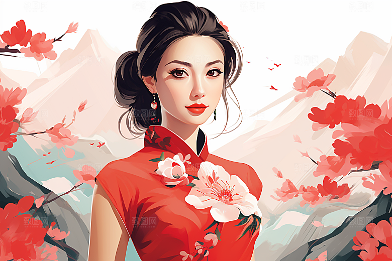旗袍美女典雅艺术插画