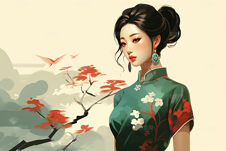 旗袍美女高贵典雅插画