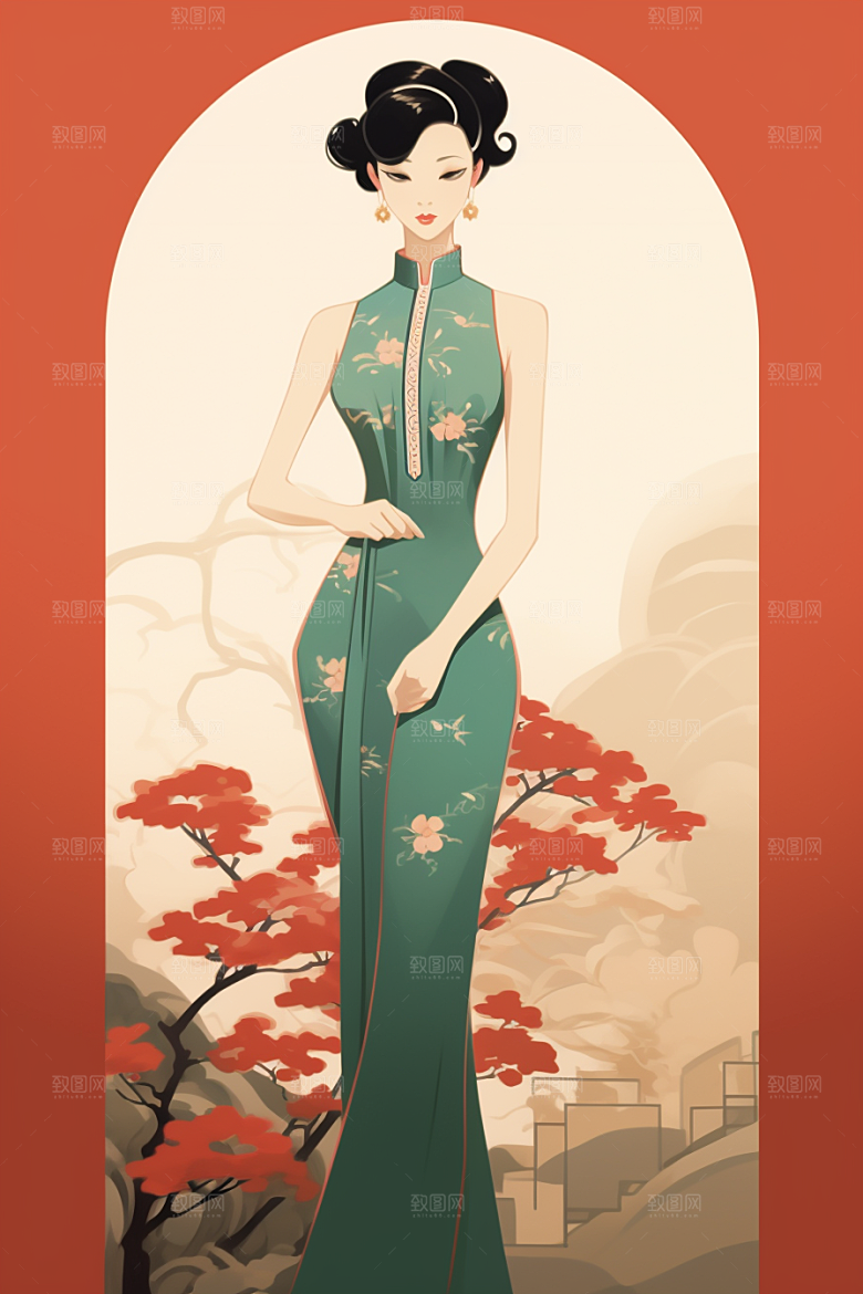 旗袍美女手绘高贵插画