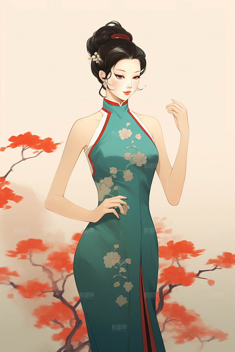 旗袍美女传统优雅插画