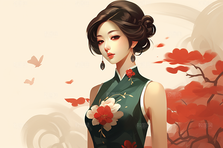 旗袍美女手绘中式美女插画