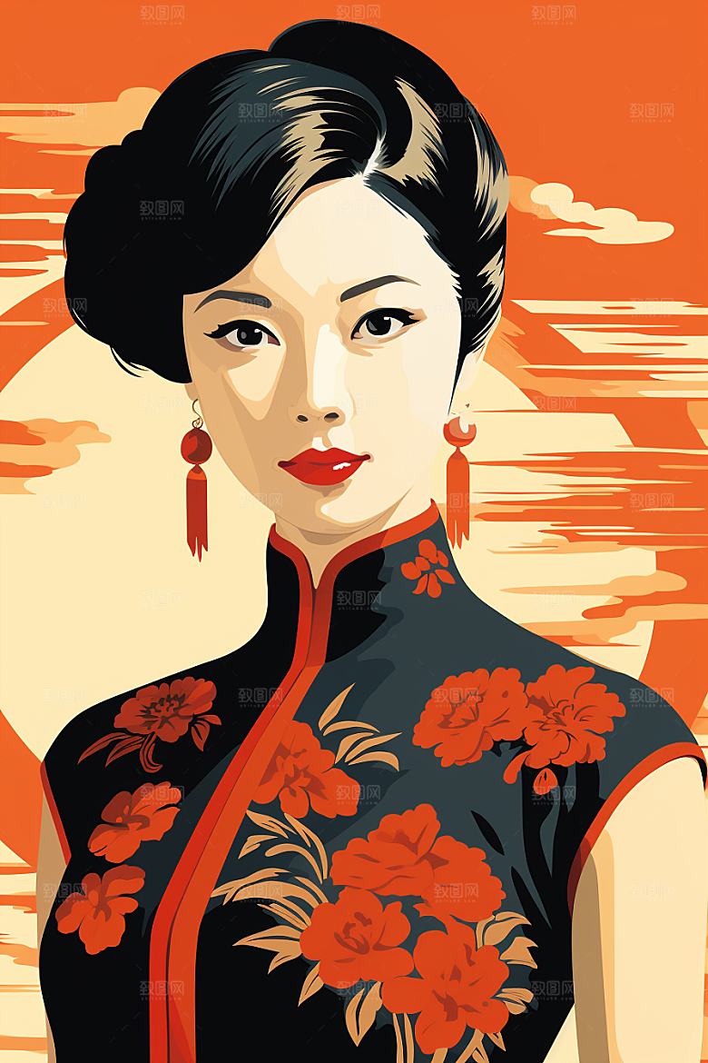 旗袍美女中国风精致插画