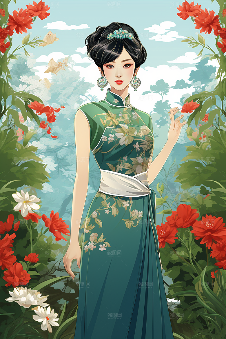 旗袍美女新中式民国风插画