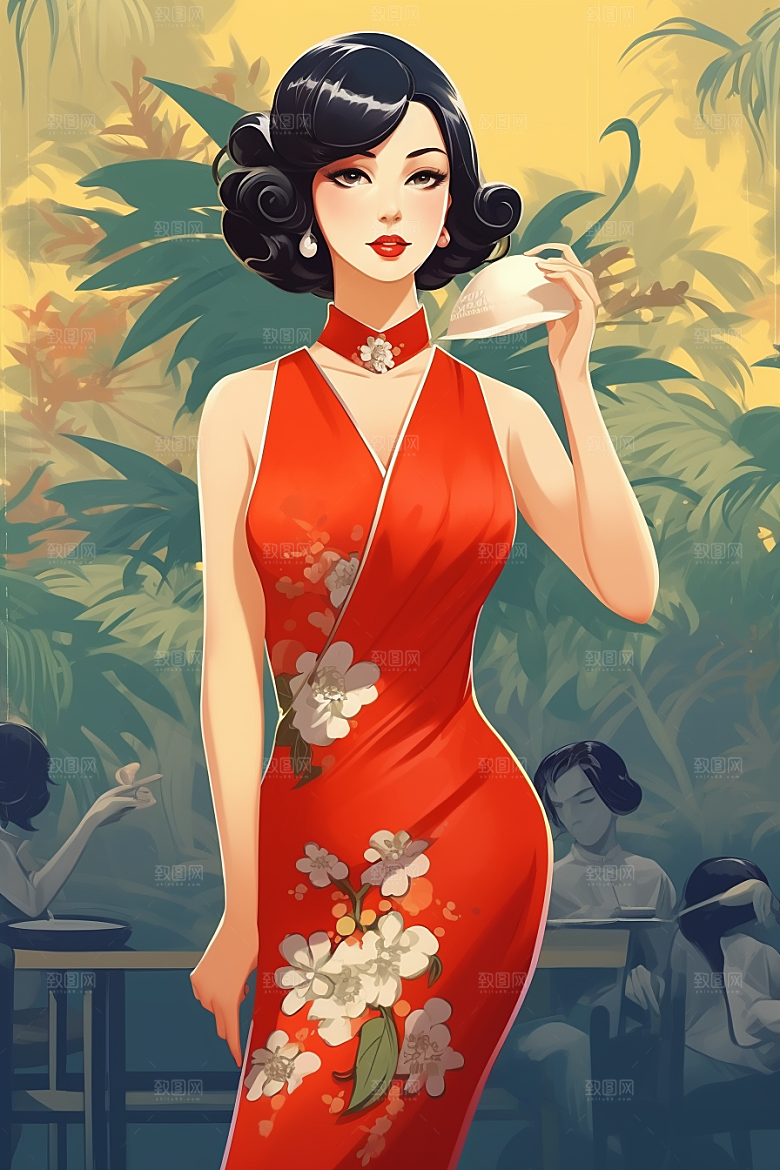 旗袍美女精致优雅插画