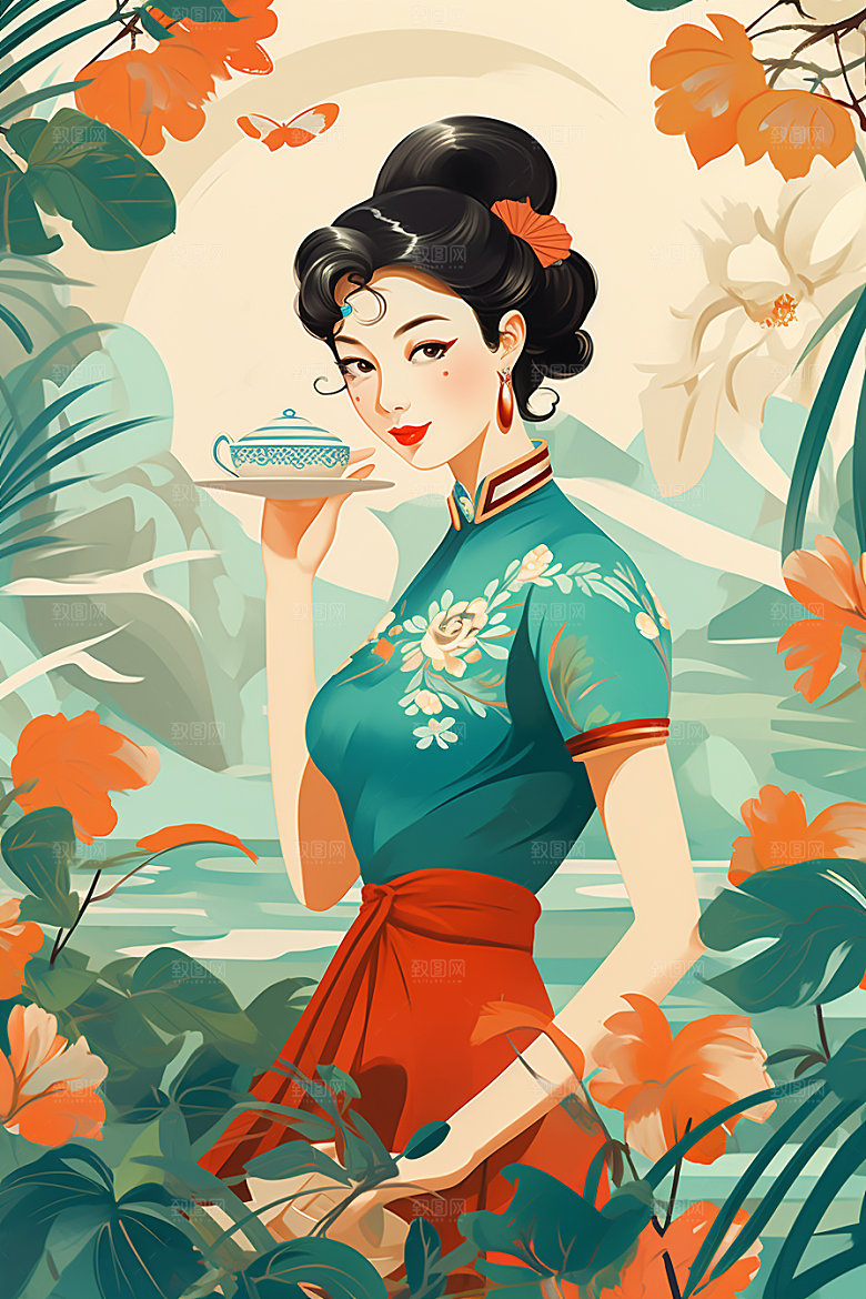 旗袍美女优雅新中式插画