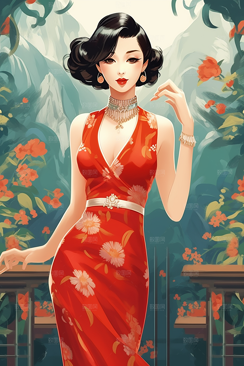 旗袍美女精致手绘插画