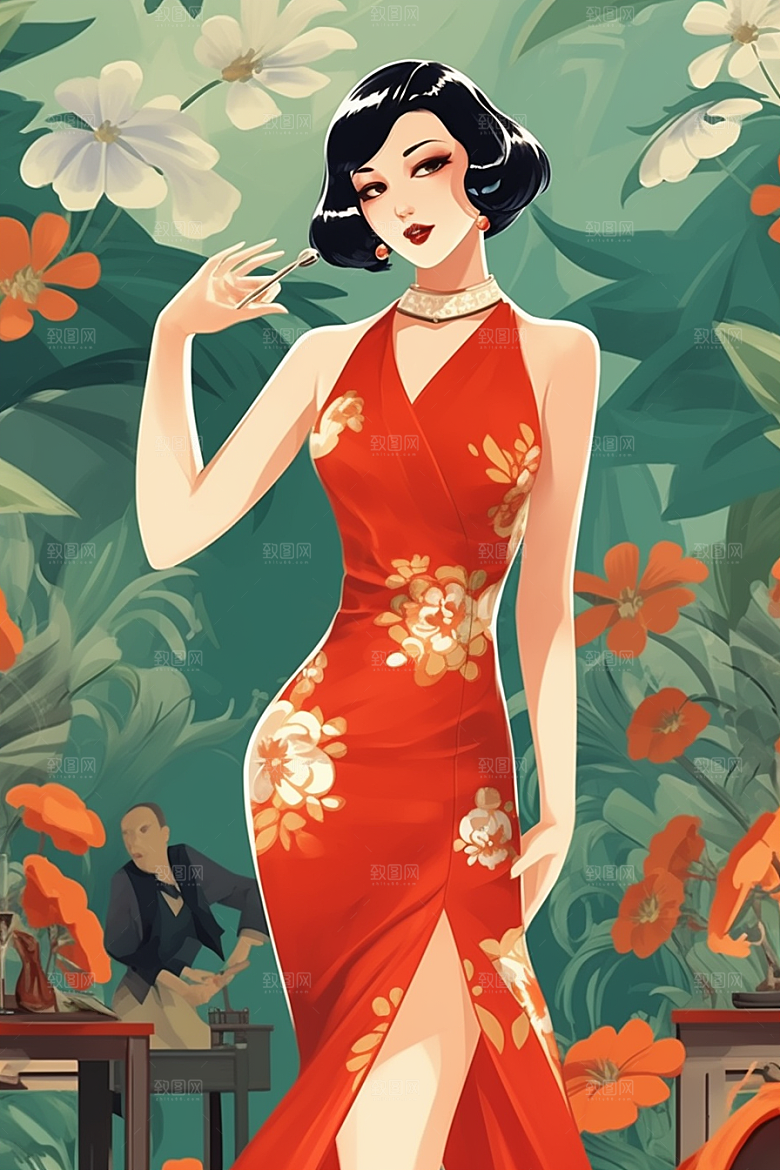 旗袍美女手绘精致插画