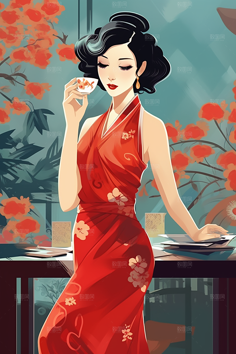 旗袍美女高清优雅插画