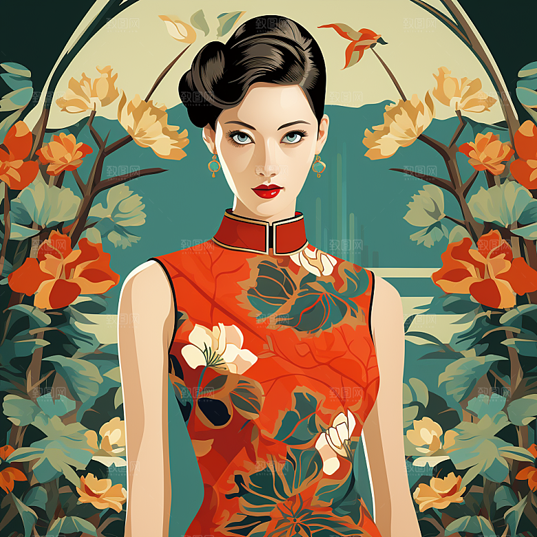 旗袍美女高清唯美插画