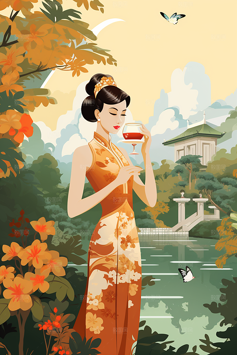 旗袍美女手绘新中式插画