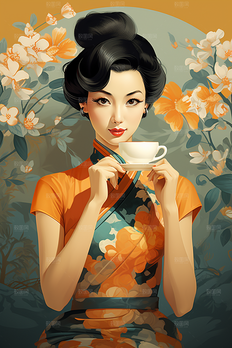 旗袍美女手绘复古插画