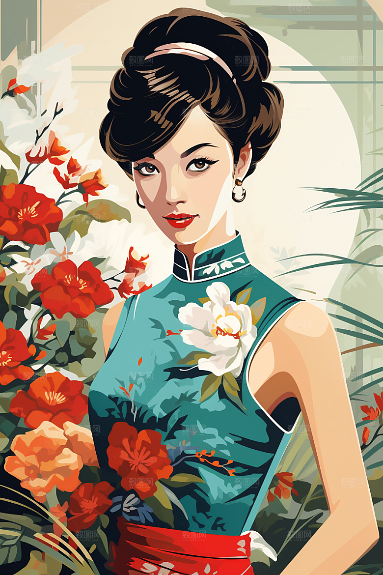 旗袍美女精致唯美插画
