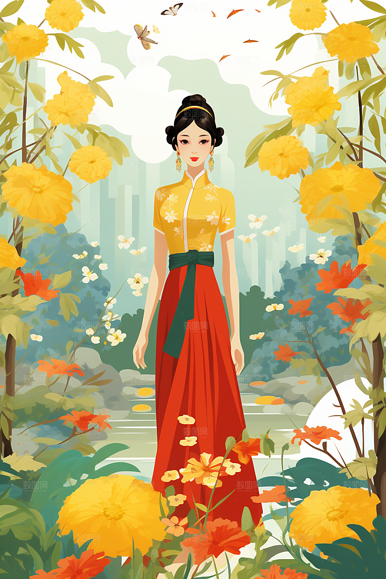 旗袍美女新中式优雅插画