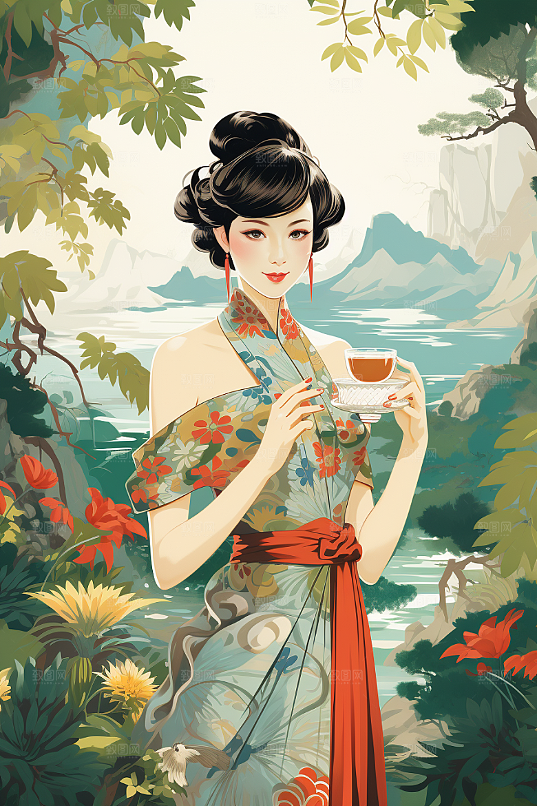 旗袍美女中国风新中式插画
